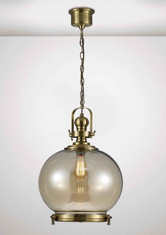 Single Large Ball Pendant 1 Light Antique Brass/Cognac Glass - Click Image to Close